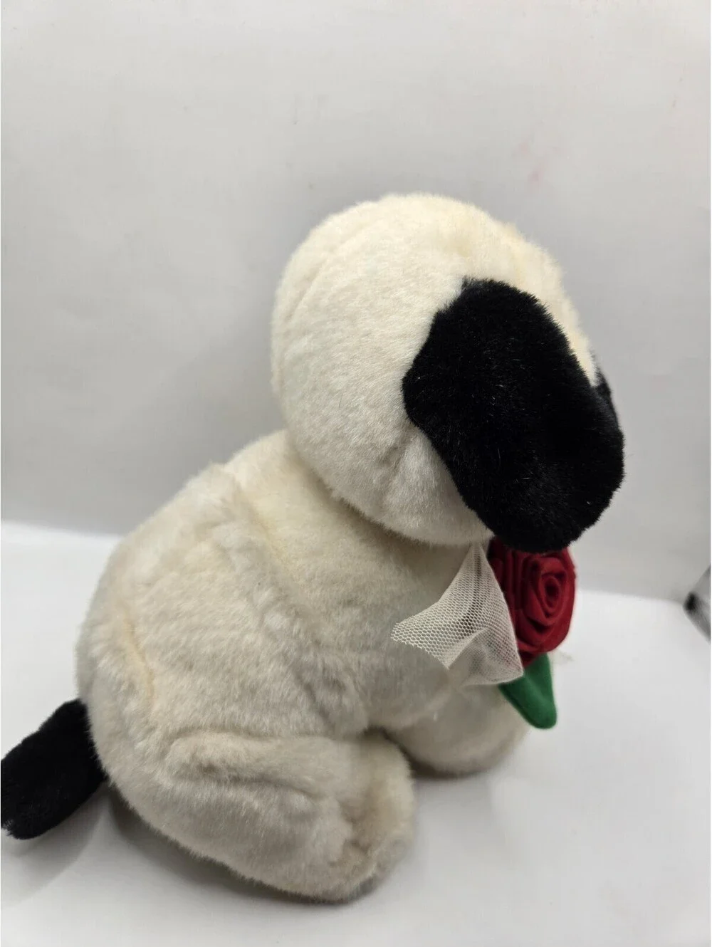 Walmart stores 9” white black Red Rose Puppy Dog Eyes Plush Stuffed Animal Toy